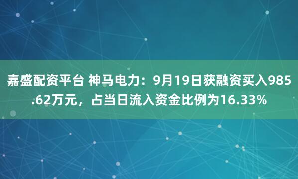 嘉盛配资平台 神马电力:9月19日获融资买入985.62万元,占当日流入资金比例为16.33%